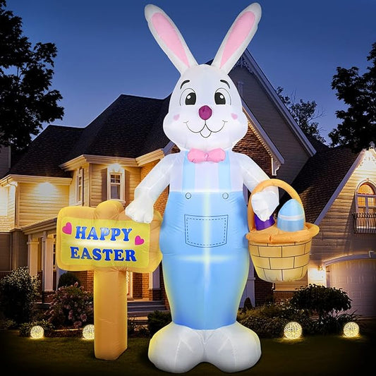 8 FT Giant Easter Inflatable Bunny Outdoor Decorations, with Colorful Eggs Basket, Build-in LEDs Happy Easter Blow Up Yard Decorations for Easter Party, Outdoor, Garden, Yard Lawn Décor